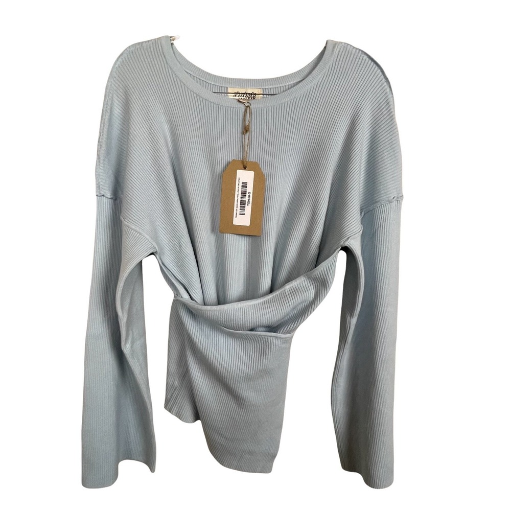 Listicle Wrap Front Sweater Women Small Blue New Ribbed Tie Back Drop Shoulder